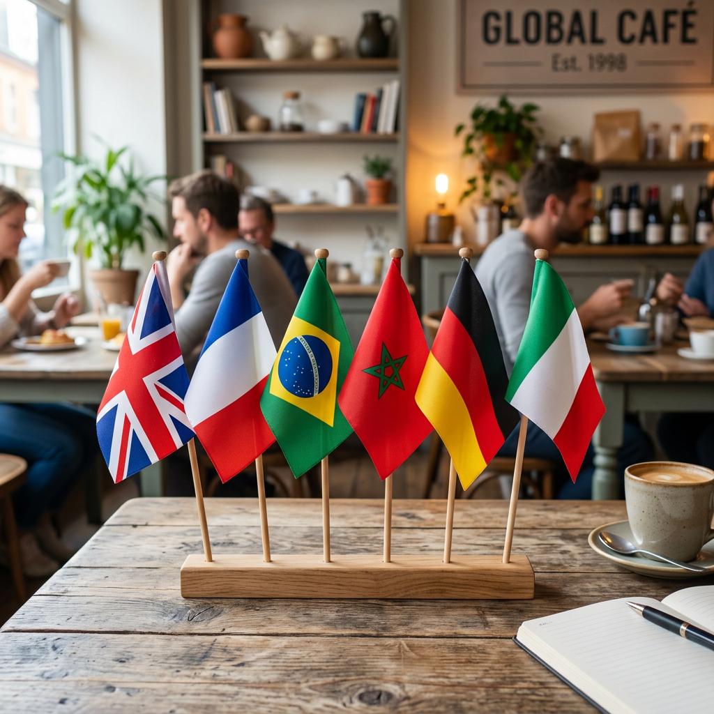 Six small international flags on wooden sticks arranged in a stand on a table in a café